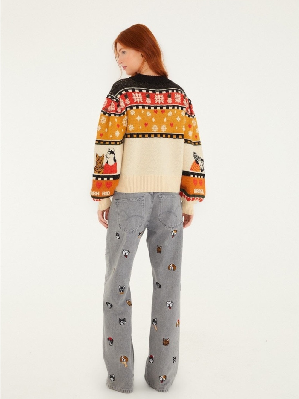 Farm Rio: Multicolor Cats And Dogs Embroidery Denim Pants - Picture 3 of 15
